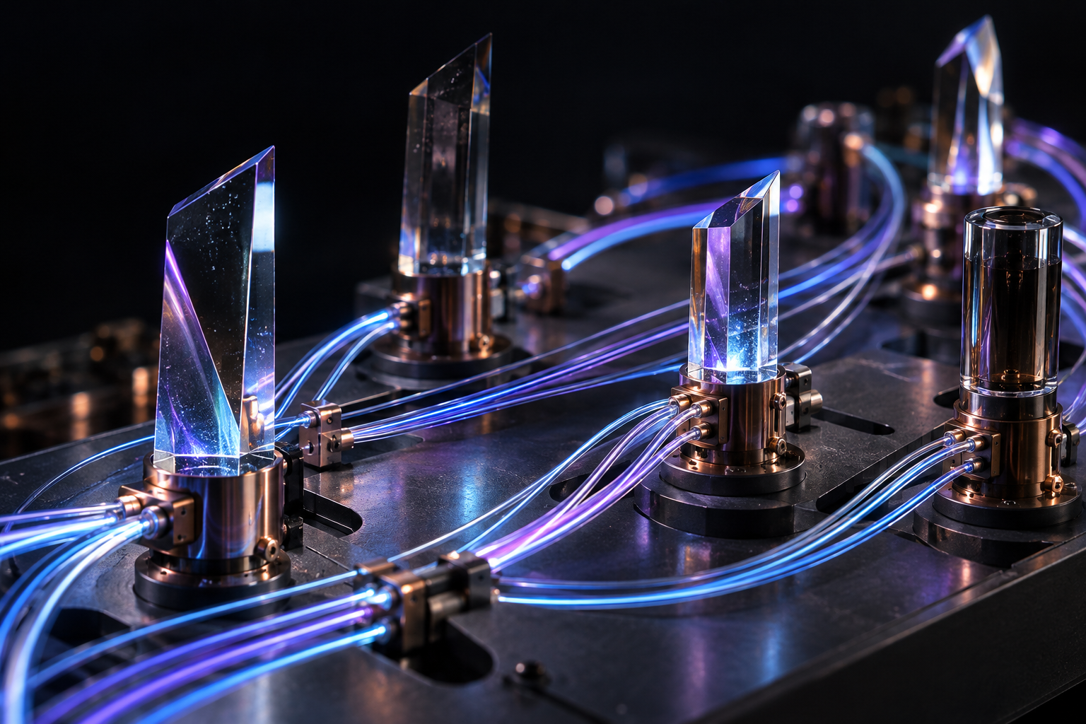 Optical glass elements connected by violet and blue light fibers